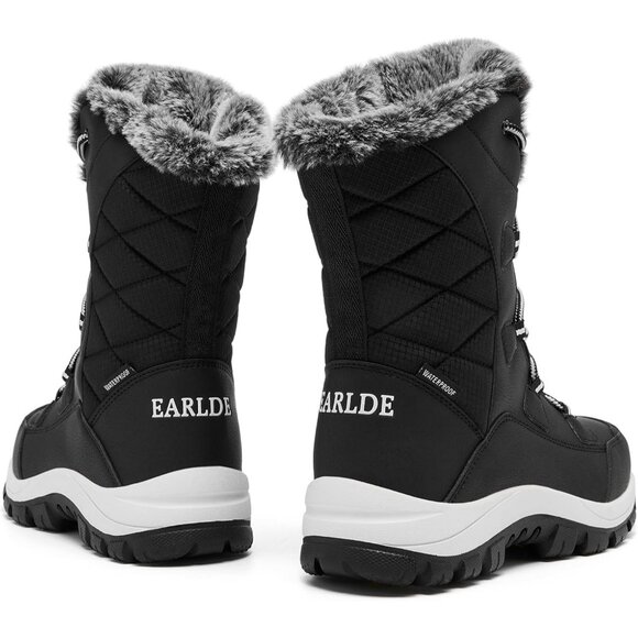 Women’s Black Wheat Strip Waterproof Snow Boots Mid-Calf Faux Fur Lined Non-Slip - Picture 4 of 9
